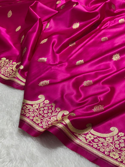 Royal Rani Pink Katan Silk Banarasi Saree with Floral Kangoora Zari Border