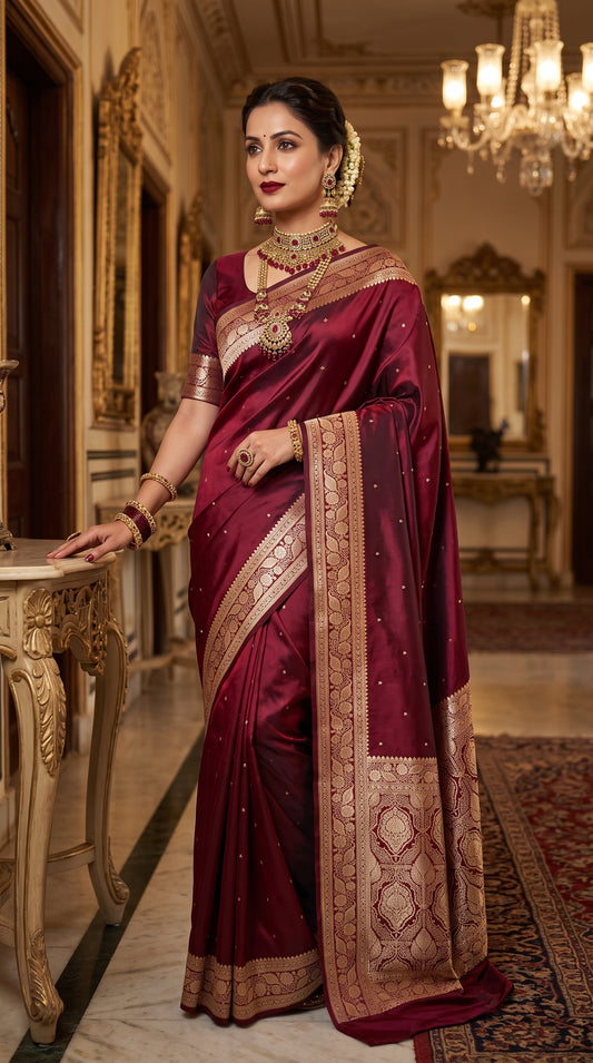 Wine Katan Banarasi Silk Saree with Chhoti Buti and Rich Gold Zari Weaving Border 2