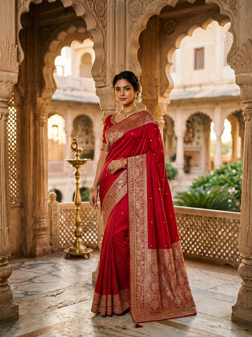 Royal Red Banarasi Silk Saree with Rich Gold Zari Border & Grand Pallu